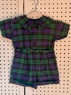 Vintage Hartstrings Baby 12M Green & Navy Plaid Sailor Collar Romper